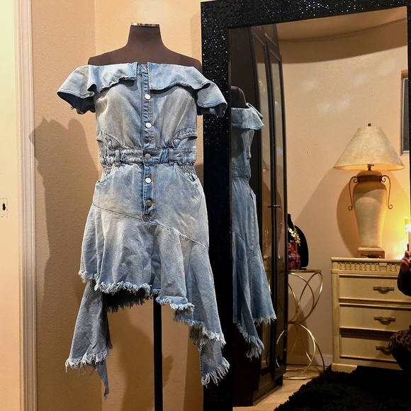 Fashion Nova Dresses & Skirts - Fashion Nova Off-The-Shoulder Denim Dress | Asymmetrical Hem | Size M